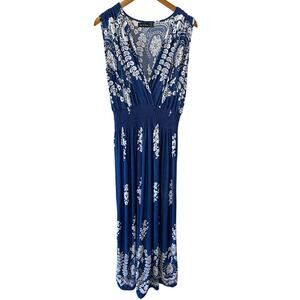 Ana & Rose Tropical Floral Blue & White Smocked Waist Sleeveless Maxi Dress XL